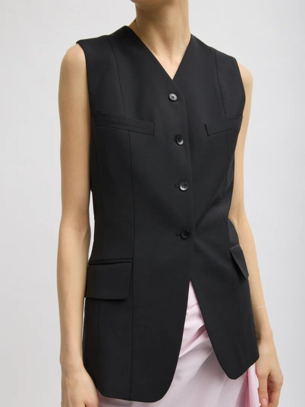 Tibi Recycled Tropical Wool Vest With Blousant Back Black Size 0